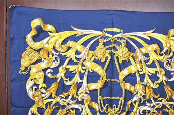 Authentic HERMES Carre 90 Scarf "LE MORS "A LA CONETABLE" Silk Navy J8399