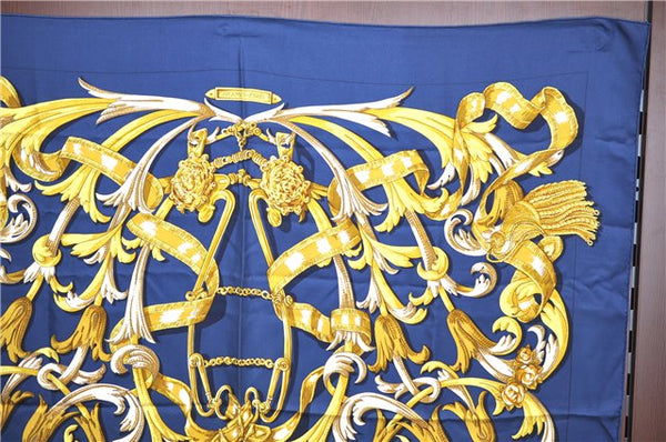 Authentic HERMES Carre 90 Scarf "LE MORS "A LA CONETABLE" Silk Navy J8399