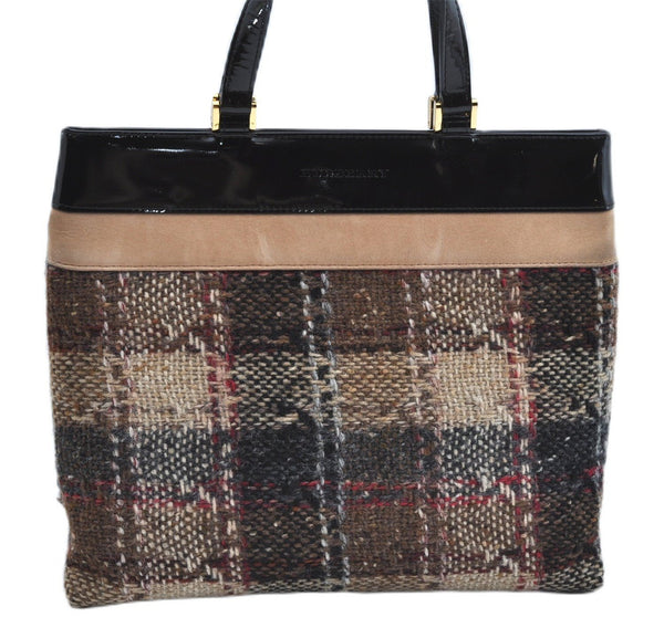 Authentic BURBERRY Vintage Wool Enamel Hand Bag Purse Brown J8429