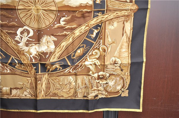 Authentic HERMES Carre 90 Scarf "RYTHMES DU MONDE" Silk Yellow Black Box J8434