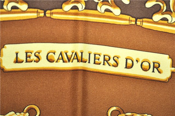 Authentic HERMES Carre 90 Scarf "LES CAVALIERS D'OR" Silk Brown J8435