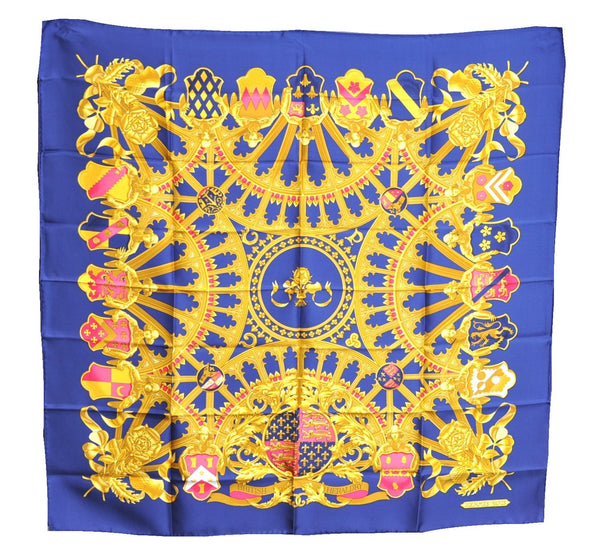 Authentic HERMES Carre 90 Scarf "BRITISH HERALDRY" Silk Blue Gold J8437