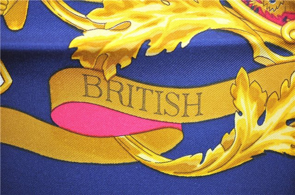 Authentic HERMES Carre 90 Scarf "BRITISH HERALDRY" Silk Blue Gold J8437