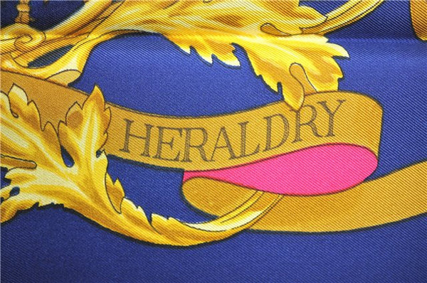 Authentic HERMES Carre 90 Scarf "BRITISH HERALDRY" Silk Blue Gold J8437