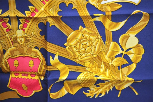 Authentic HERMES Carre 90 Scarf "BRITISH HERALDRY" Silk Blue Gold J8437