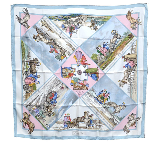 Authentic HERMES Carre 90 Scarf "Voyages en Russie" Silk Light Blue J8518