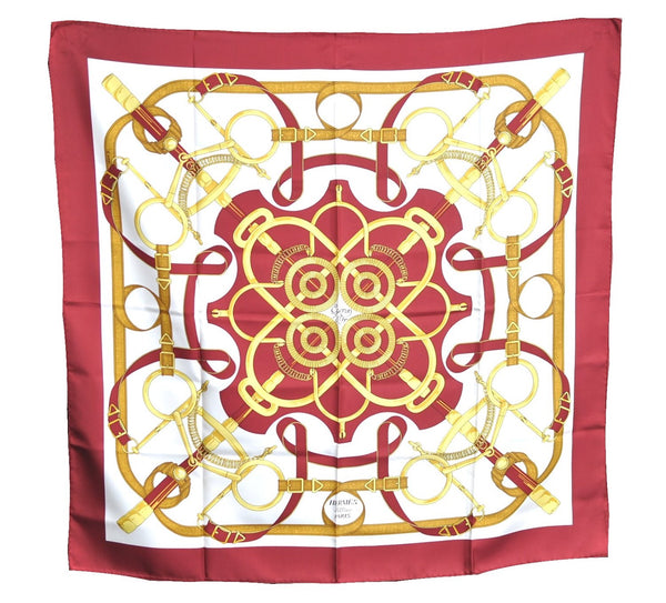 Authentic HERMES Carre 90 Scarf "Eperon d'or" Silk Bordeaux Red White J8622