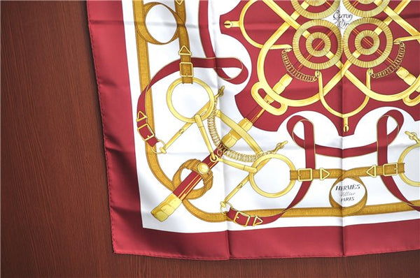 Authentic HERMES Carre 90 Scarf "Eperon d'or" Silk Bordeaux Red White J8622