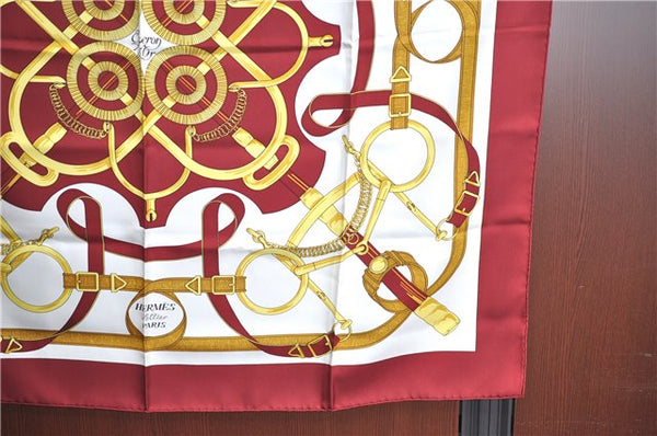 Authentic HERMES Carre 90 Scarf "Eperon d'or" Silk Bordeaux Red White J8622