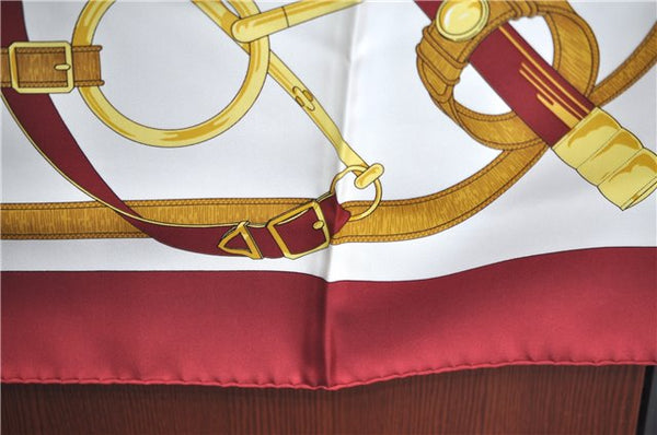 Authentic HERMES Carre 90 Scarf "Eperon d'or" Silk Bordeaux Red White J8622