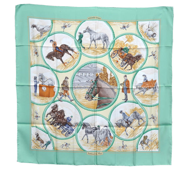 Authentic HERMES Carre 90 Scarf "Auteuil Mai" Silk Green J8640