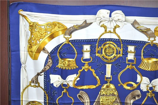 Authentic HERMES Carre 90 Scarf "ETRIERS" Silk Blue J8650