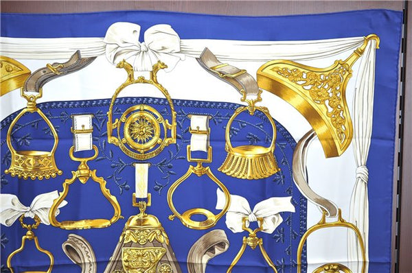 Authentic HERMES Carre 90 Scarf "ETRIERS" Silk Blue J8650