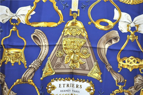 Authentic HERMES Carre 90 Scarf "ETRIERS" Silk Blue J8650