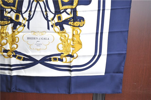 Authentic HERMES Carre 90 Scarf "BRIDES de GALA" Silk Navy Blue White J8652