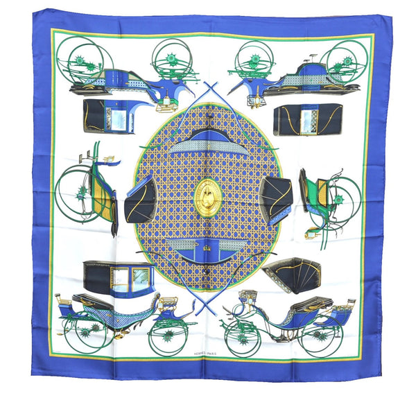 Authentic HERMES Carre 90 Scarf "Les Voitures a Transformation" Silk Blue J8661