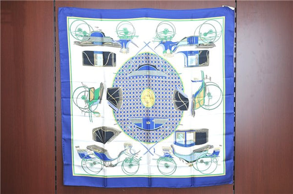 Authentic HERMES Carre 90 Scarf "Les Voitures a Transformation" Silk Blue J8661