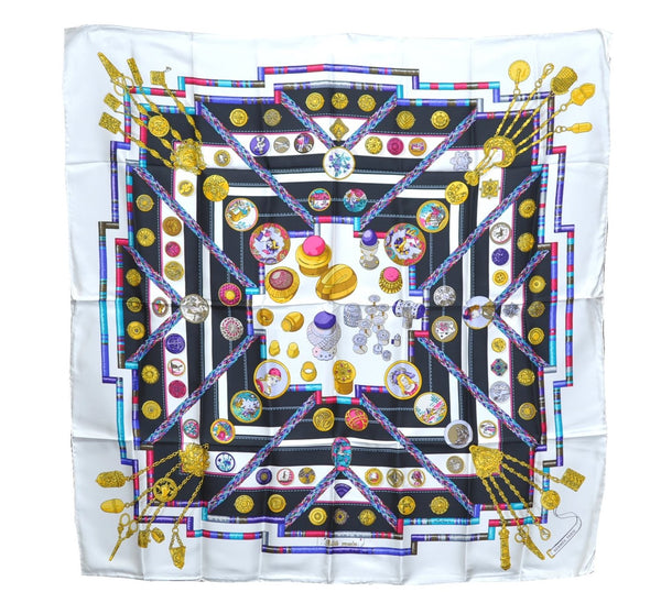 Authentic HERMES Carre 90 Scarf "Petite main" Silk White Black J8721