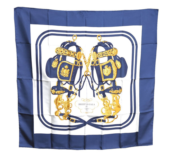 Authentic HERMES Carre 90 Scarf "BRIDES de GALA" Silk Navy Blue White J8722