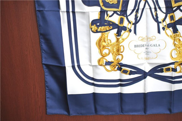 Authentic HERMES Carre 90 Scarf "BRIDES de GALA" Silk Navy Blue White J8722