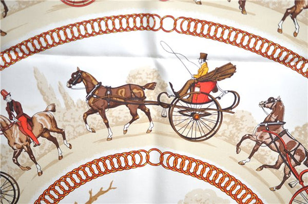 Auth HERMES Carre 90 Scarf "LA PROMENADE DE LONGCHAMPS" Silk Brown Box J8723