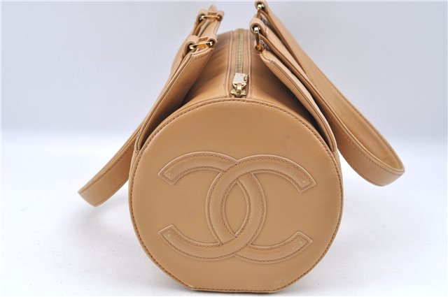 Authentic CHANEL Chocolate Bar Calf Skin CC Logo Shoulder Hand Bag Beige J8726