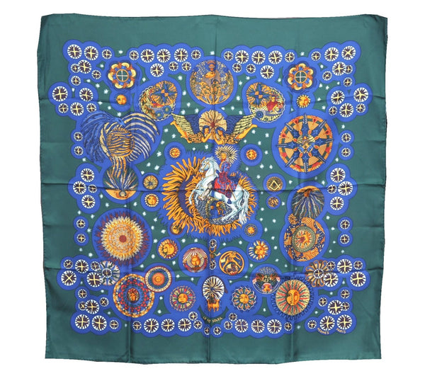 Authentic HERMES Carre 90 Scarf "LE ROY SOLEIL" Silk Green Navy J8735