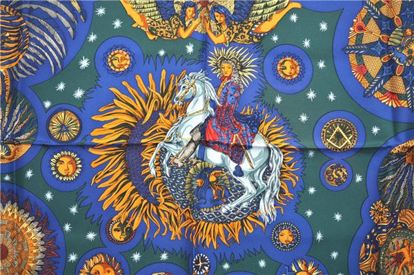 Authentic HERMES Carre 90 Scarf "LE ROY SOLEIL" Silk Green Navy J8735