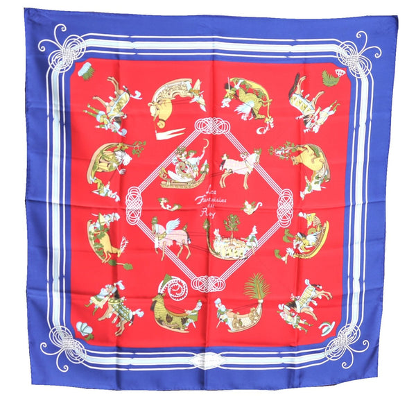 Authentic HERMES Carre 90 Scarf "Les fantaisies du Roy" Silk Blue J8737