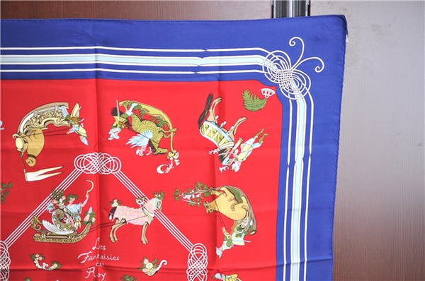 Authentic HERMES Carre 90 Scarf "Les fantaisies du Roy" Silk Blue J8737