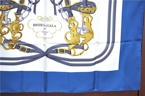 Authentic HERMES Carre 90 Scarf "BRIDES de GALA par" Silk Blue J8739