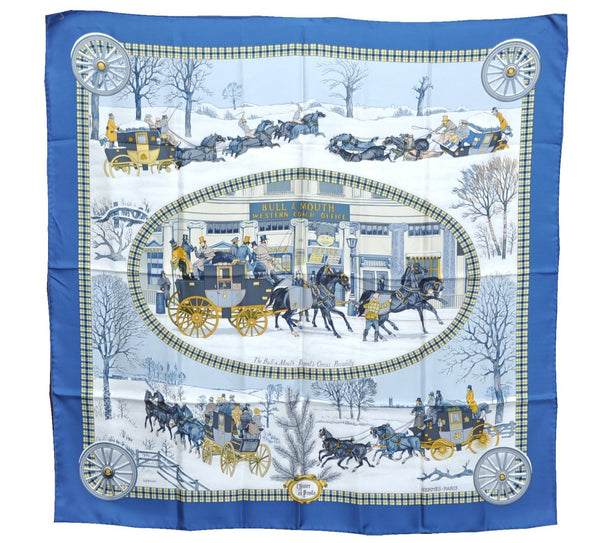 Authentic HERMES Carre 90 Scarf "I'Hiver en Poste" Silk Blue J8747