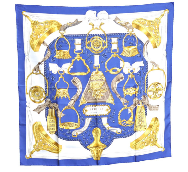 Authentic HERMES Carre 90 Scarf "ETRIERS" Silk Blue J8751