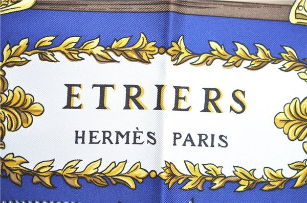 Authentic HERMES Carre 90 Scarf "ETRIERS" Silk Blue J8751