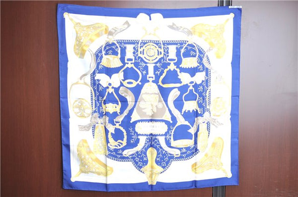 Authentic HERMES Carre 90 Scarf "ETRIERS" Silk Blue J8751