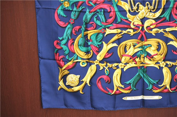 Authentic HERMES Carre 90 Scarf "LE MORS A LA CONETABLE" Silk Navy Blue J8754