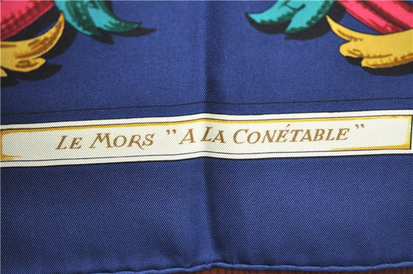 Authentic HERMES Carre 90 Scarf "LE MORS A LA CONETABLE" Silk Navy Blue J8754