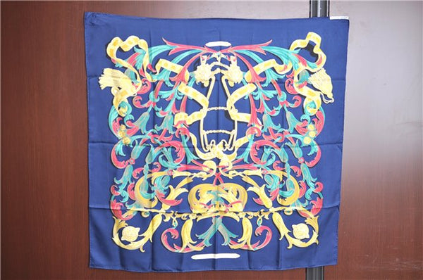 Authentic HERMES Carre 90 Scarf "LE MORS A LA CONETABLE" Silk Navy Blue J8754