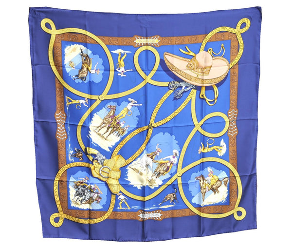 Authentic HERMES Carre 90 Scarf "CHARREDA" Silk Navy Blue J8757