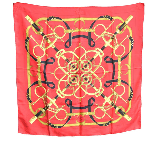 Authentic HERMES Carre 90 Scarf "EPERON D'OR" Silk Red J8761