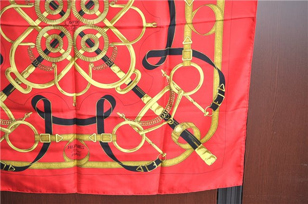 Authentic HERMES Carre 90 Scarf "EPERON D'OR" Silk Red J8761