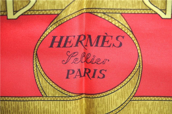 Authentic HERMES Carre 90 Scarf "EPERON D'OR" Silk Red J8761