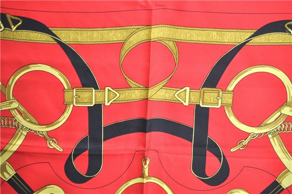 Authentic HERMES Carre 90 Scarf "EPERON D'OR" Silk Red J8761