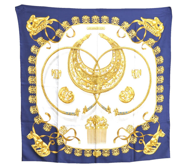 Authentic HERMES Carre 90 Scarf "LES CAVALIERS D'OR" Silk Navy Blue J8765