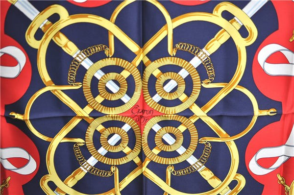 Authentic HERMES Carre 90 Scarf "Eperon d'or" Silk Navy Blue J8768