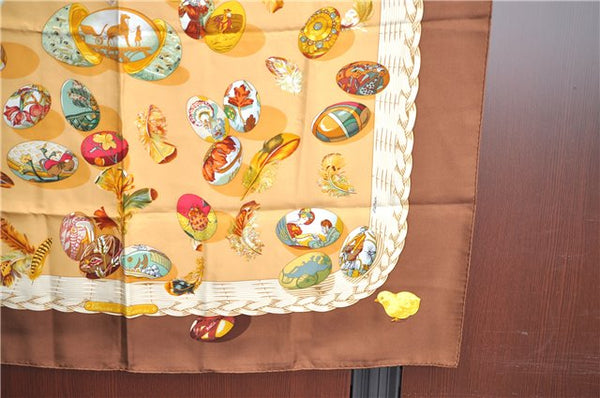 Authentic HERMES Carre 90 Scarf "COUVEE D'HERMES" Silk Brown Orange J8772