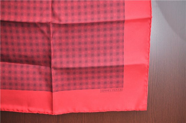 Authentic HERMES Petit Carre 40 Scarf Handkerchief Plaid Motif Silk Red J8780