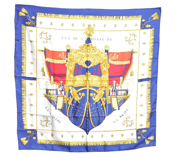 Authrntic HERMES Carre 90 Scarf "VUE DU CAROSSE DE LA GALERE" Silk Blue J8782