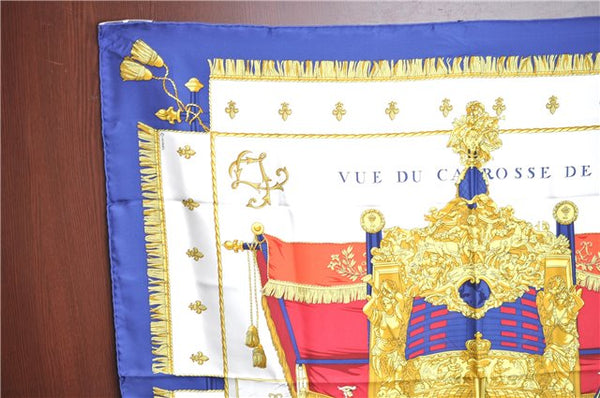 Authrntic HERMES Carre 90 Scarf "VUE DU CAROSSE DE LA GALERE" Silk Blue J8782