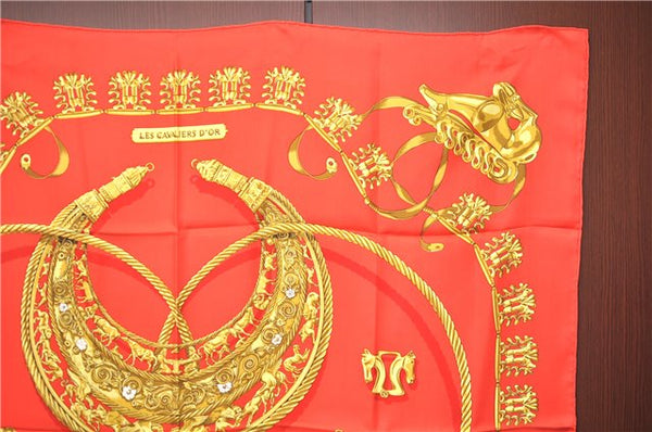 Authentic HERMES Carre 90 Scarf "LES CAVALIERS D'OR" Silk Red J8783